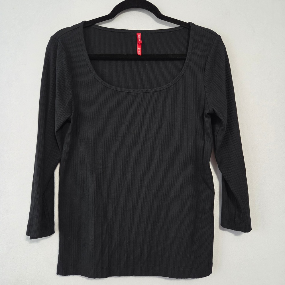 Spanx Ribbed Scoop Neck Top Womens M Black Long Sleeve Stretch Casual Minimalist